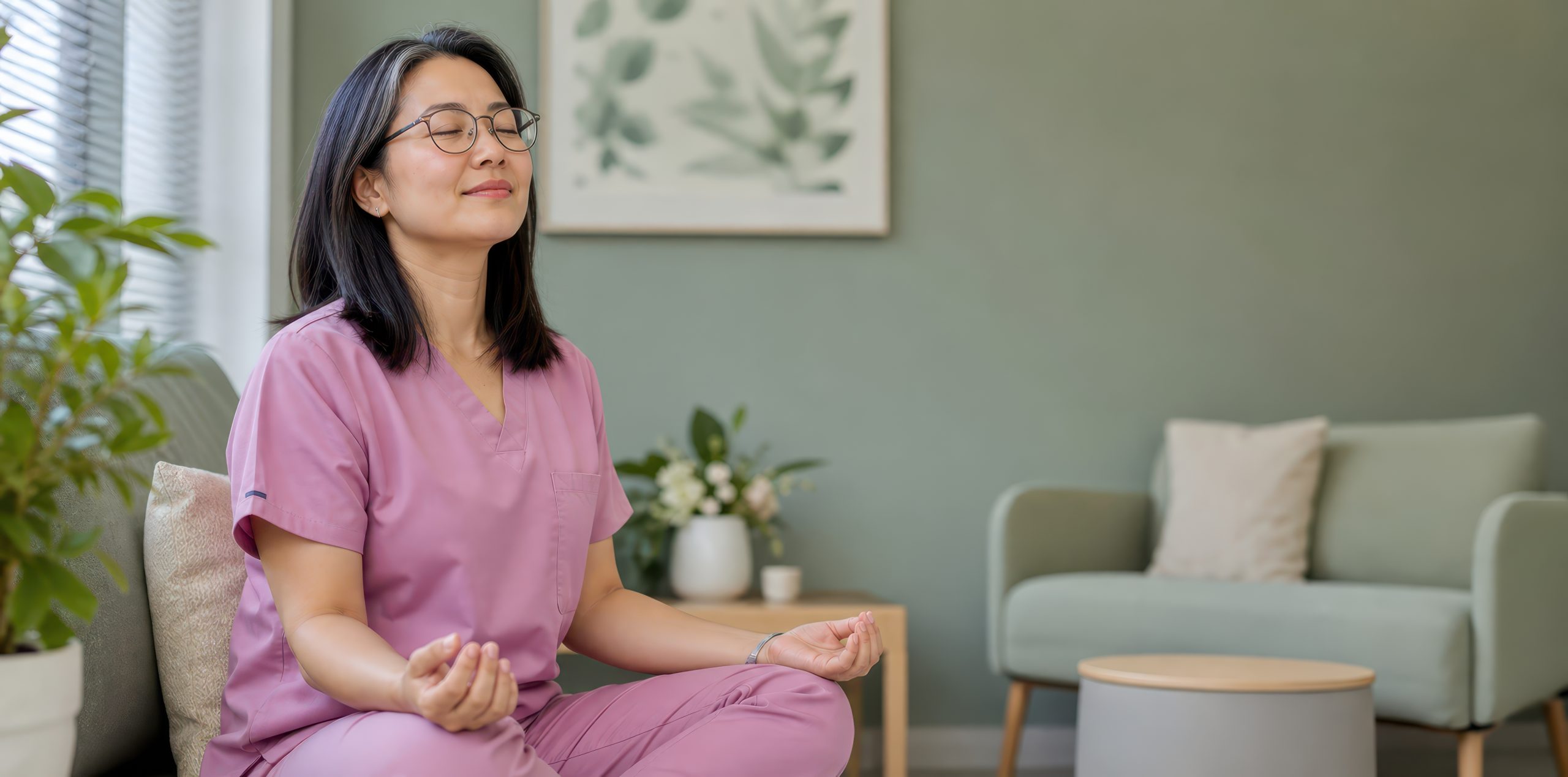 Nurse in scrubs practicing a peaceful moment of reflection and renewal.