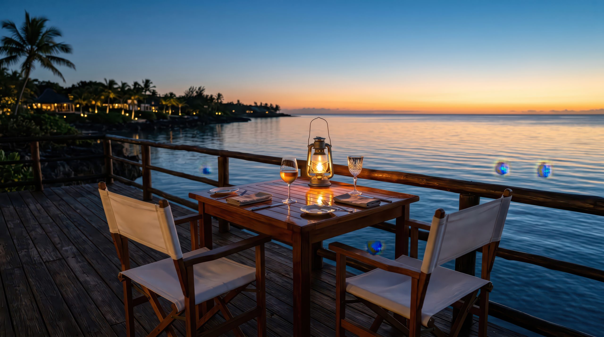 Peaceful oceanfront retreat setting at sunset representing rest, reflection, and renewal.