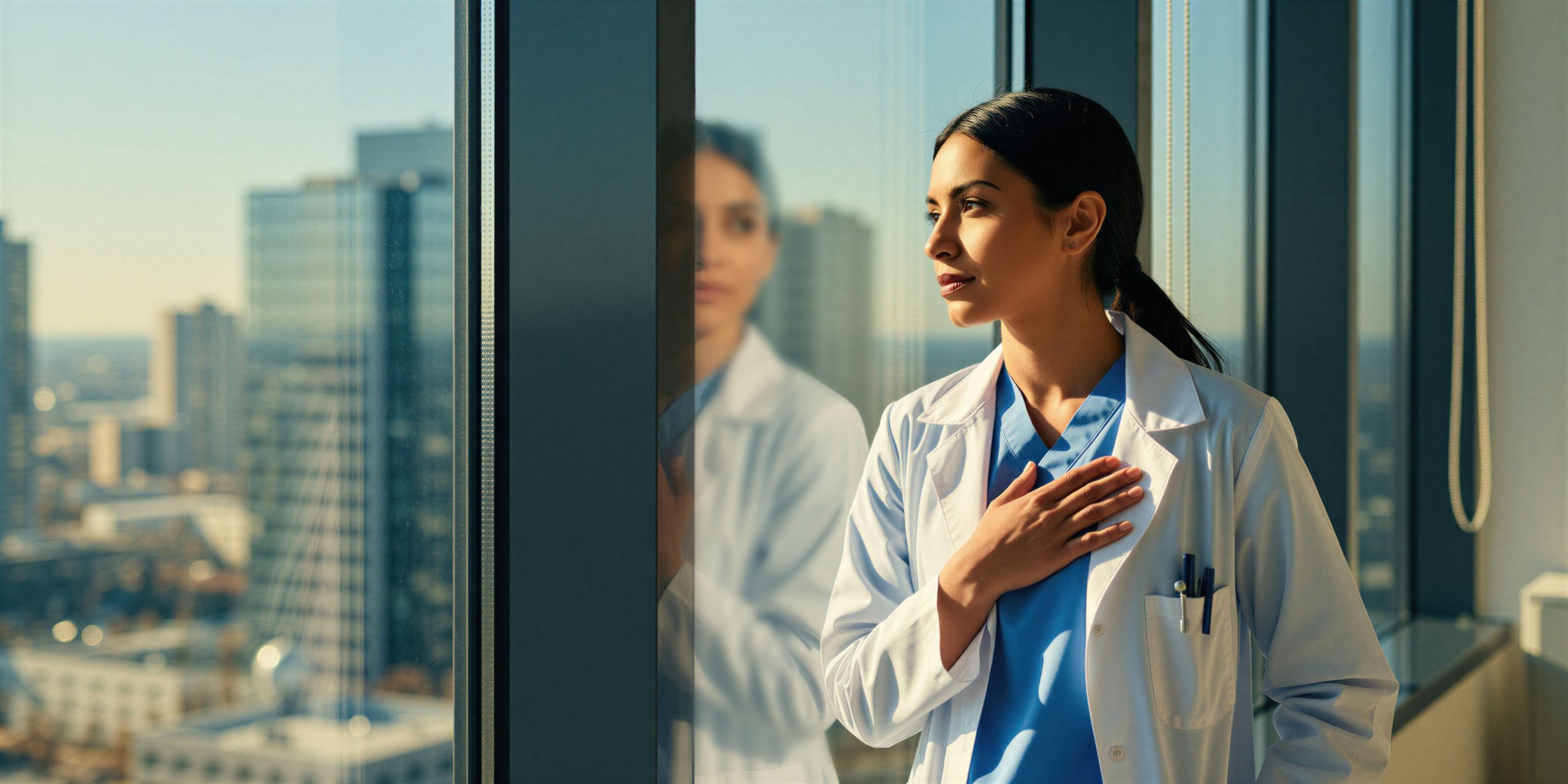 Nurse standing by a window in a quiet moment of reflection.